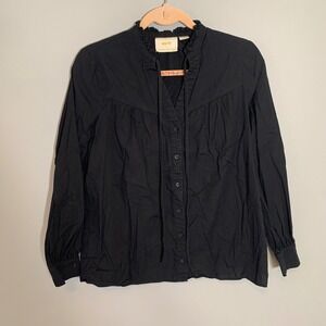 Maeve Anthropologie Black Ruffle Tie Neck Long Sleeve Button Up‎ Blouse Womens M